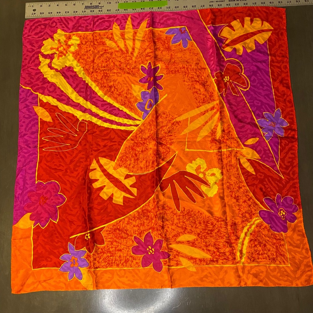 Liz Claiborne Vintage Square Scarf Tropical Floral Animal Print Orange Red Pink